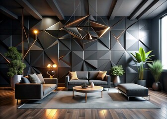 dark modern minimalist interior design render concept futuristic sleek geometric shapes simplicity abstraction