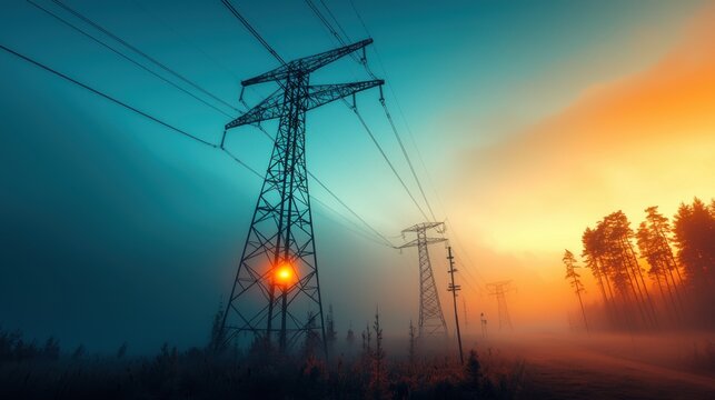 A detailed photograph capturing electricity pylons cutting through a foggy pine forest in the countryside, with the mist giving the scene a mysterious and serene atmosphere