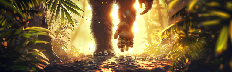 Sunbeams pierce the dense foliage of a lush tropical jungle the gorilla in background