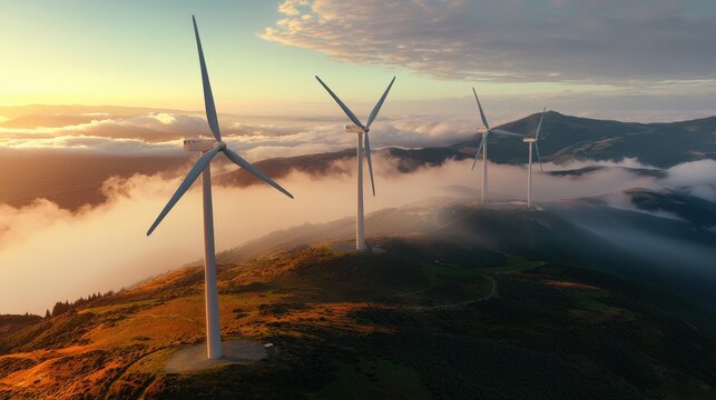 Wind turbines on a mountaintop with clouds and mist swirling around them, emphasizing the contrast between the clean energy technology and the natural, foggy environment