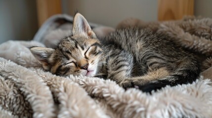 Naklejka premium Small kitten resting on a bed, symbolizing the joy and care of shelter pets.