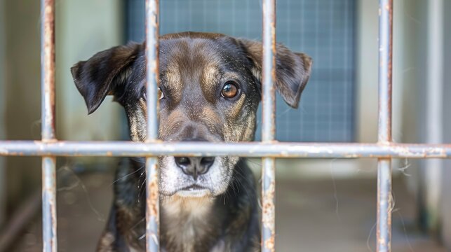 Sad dog behind bars in an animal shelter, with soulful eyes conveying a deep longing for a loving home.