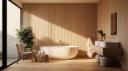 Modern bathroom interior with natural light illuminating the freestanding tub and wooden accents in a stylish home setting