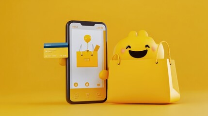 Smiling Character with Credit Card and Shopping Bag for Online Shopping Concept