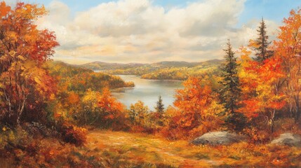 Fototapeta premium Vibrant Autumn Landscape with Lake and Mountains