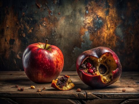 distressed fruit still life with wormhole worm and decay in dark mood dark room style eerie atmosphere dark moody technical organic rusty red and brown color concept imperfection consumption