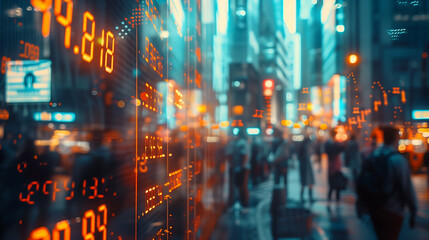 Fototapeta premium Futuristic cityscape with blurred crowds and digital data overlay at night