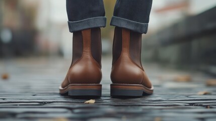 Weathered Boots Standing in Puddle on Rainy Street