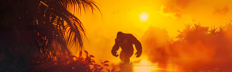 Silhouette gorilla of against a fiery sunset creates dramatic and majestic scene in background
