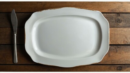 empty porcelain plate centered on wood table wide angle background