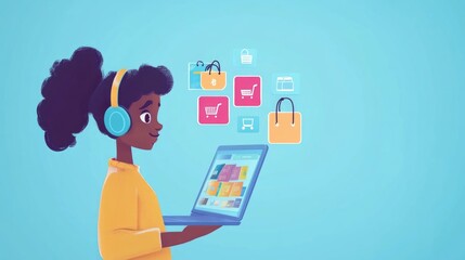 Character Wearing Headphones Using Laptop for Online Shopping Experience