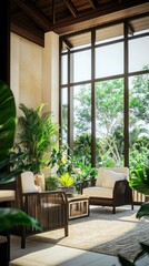 Elegant Tropical Home with Expansive Windows Overlooking Lush Gardens, Featuring Sophisticated Design and Natural Light in a Photorealistic Style