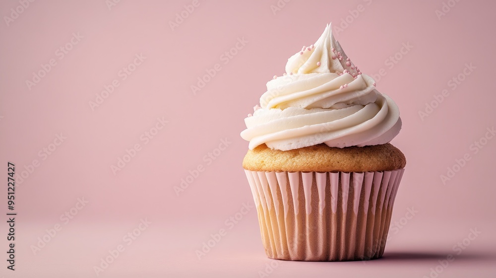 Poster A minimalist image of a single cupcake with white frosting, against a plain background with space for text.