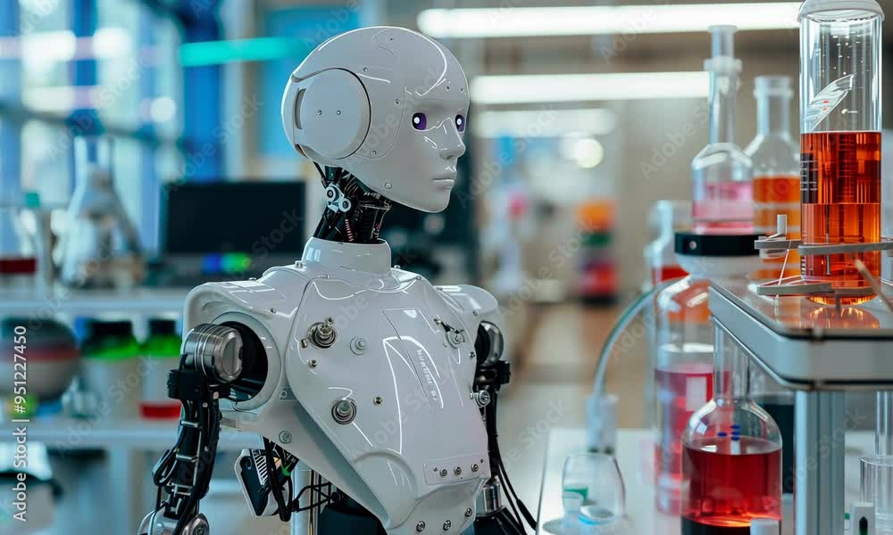 Aufkleber a sophisticated humanoid robot equipped with sensors in a high-tech laboratory