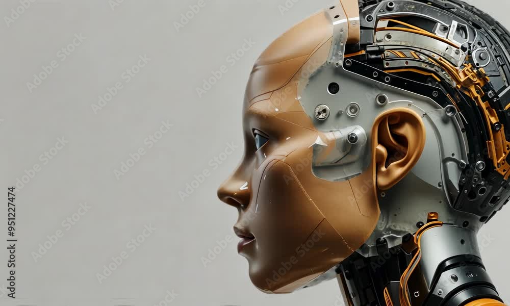Poster a close-up of an android head with childlike features and an open skull, revealing technology