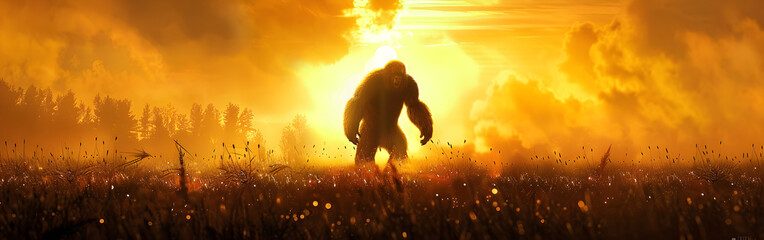 The gorilla in the filed with sunset cloudy sky in the background