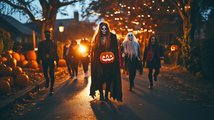 A group of friends dressed in diverse Halloween costumes, including a vampire, ghost, and skeleton, walking down a dimly lit, pumpkin-lined suburban street at dusk.