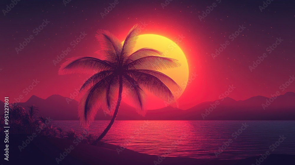 Poster a minimalistic palm tree outline with smooth, flowing lines, set against a gradient sunset backgroun
