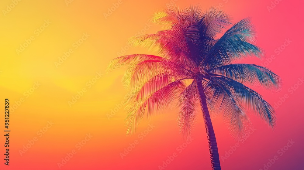 Aufkleber a minimalistic palm tree outline with smooth, flowing lines, set against a gradient sunset backgroun