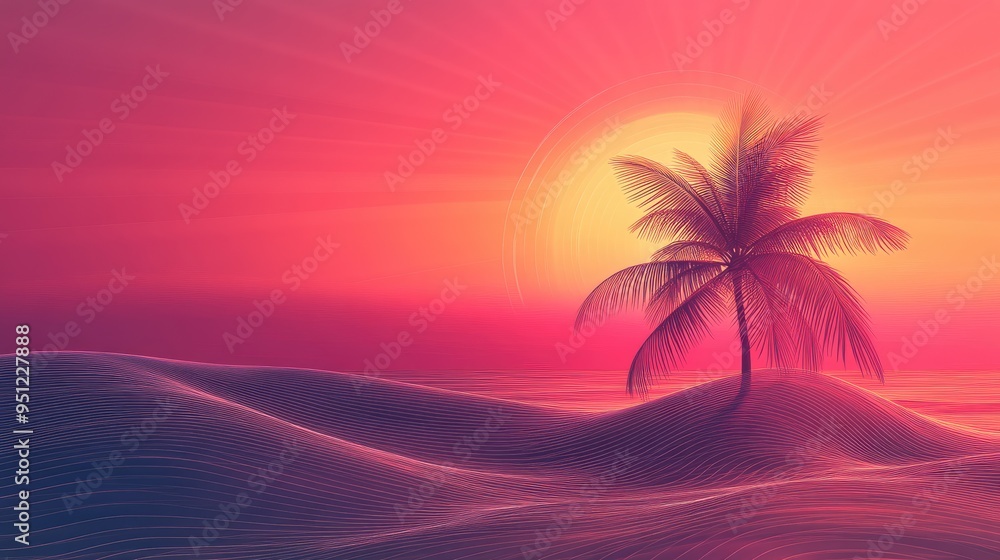 Aufkleber a minimalistic palm tree outline with smooth, flowing lines, set against a gradient sunset backgroun