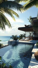 Obraz premium Luxurious Exotic Island Villa with Infinity Pool and Breathtaking Ocean Views, Showcasing a Welcoming and Sophisticated Design in Photorealistic Detail