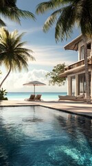 Obraz premium Luxurious Exotic Island Villa with Infinity Pool and Breathtaking Ocean Views, Showcasing a Welcoming and Sophisticated Design in Photorealistic Detail