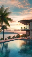 Fototapeta premium Luxurious Exotic Island Villa with Infinity Pool and Breathtaking Ocean Views, Showcasing a Welcoming and Sophisticated Design in Photorealistic Detail