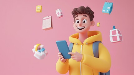 Cheerful Character Holding Phone and Floating Shopping Icons