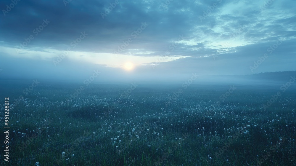 Poster a misty field at dusk, with the fog rolling in and the sky fading into night, creating a mysterious 