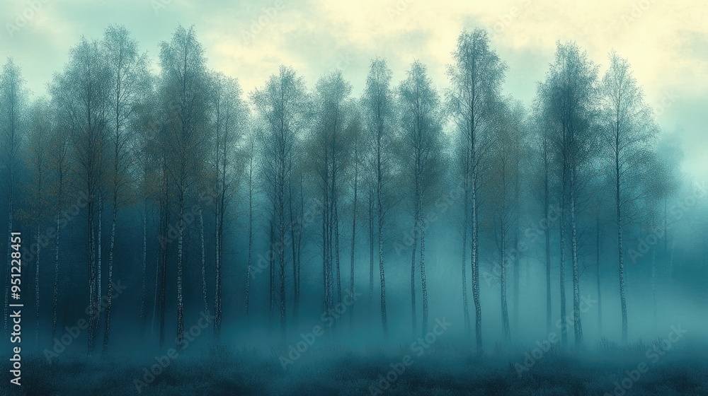 Poster a misty forest at dawn, with fog rolling through the trees and the soft light of morning creating an