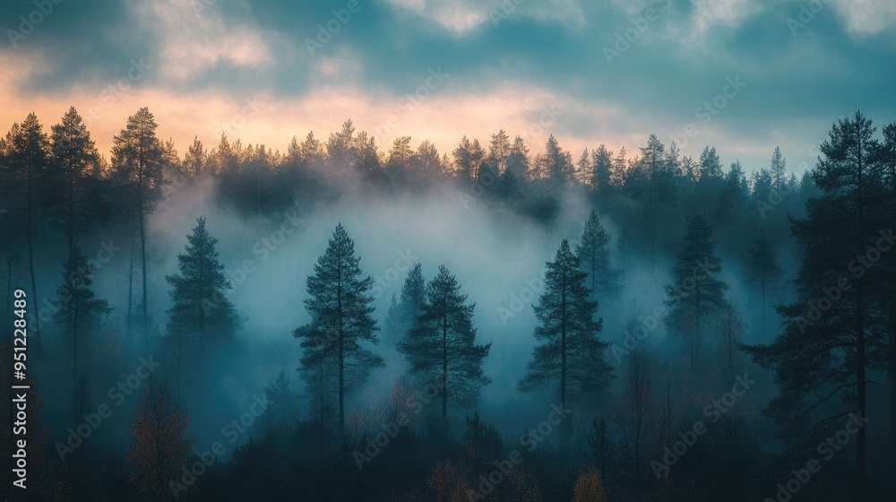 Poster a misty forest at dawn, with fog rolling through the trees and the soft light of morning creating an