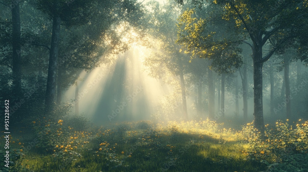 Aufkleber a misty forest in the early morning, with light filtering through the trees and creating a mystical 