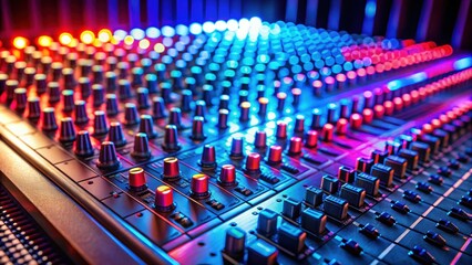 Fototapeta premium Audio mixer and sound mixing console with glowing red and blue lights , technology, equipment