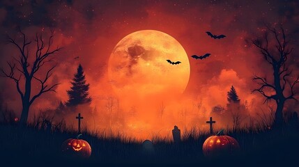 Full Moon Halloween Scene: A spooky background featuring pumpkins, a graveyard, and flying bats under a full moon, with tree and grass silhouettes, cartoon animation vector illustration.