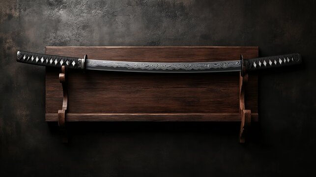 damascus steel bade katana sword with real and sharp and battle ready blade on a wall kake (sword holder)