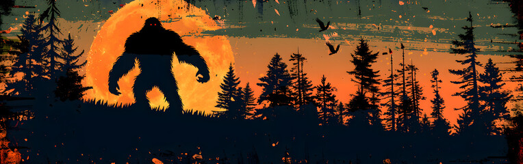 Birds flying over a forest during sunset silhouette with gorilla in background