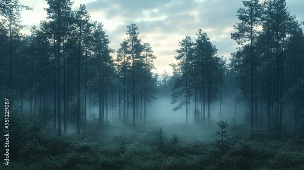 Poster a misty morning in a pine forest, with fog rolling through the trees and the soft light of dawn crea