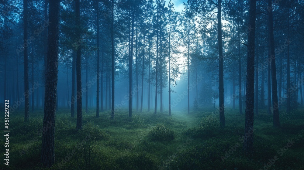 Poster a misty morning in a pine forest, with fog rolling through the trees and the soft light of dawn crea