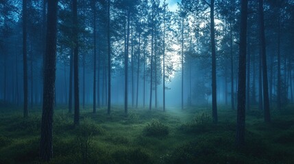 Fototapeta premium A misty morning in a pine forest, with fog rolling through the trees and the soft light of dawn creating an ethereal atmosphere.