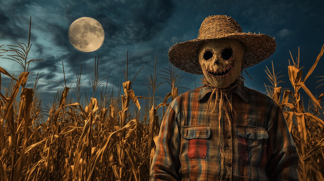 A man dressed as a scarecrow, with a straw hat, patchwork clothing, and a stitched smile on his face, standing in a field of tall cornstalks under a harvest moon.