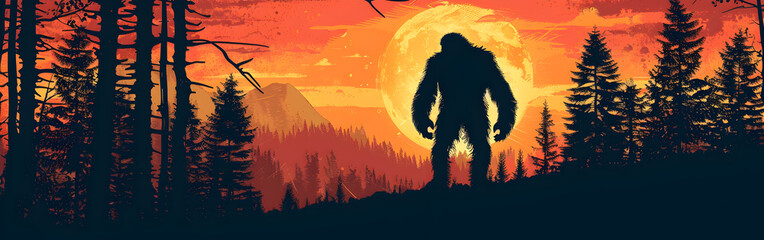Sunset and silhouettes of trees in the mountains gorilla with full moon in background