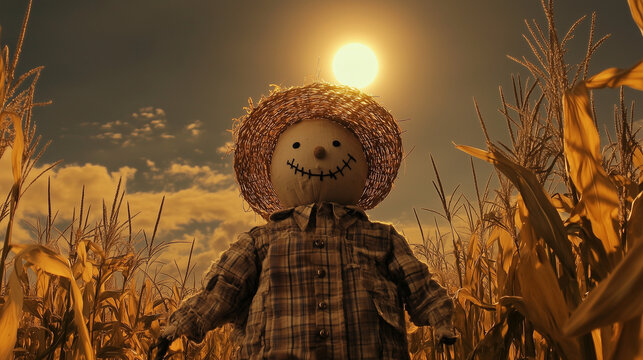 A man dressed as a scarecrow, with a straw hat, patchwork clothing, and a stitched smile on his face, standing in a field of tall cornstalks under a harvest moon.