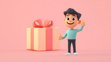 Smiling Character Standing Next to Open Package with Thumbs-Up