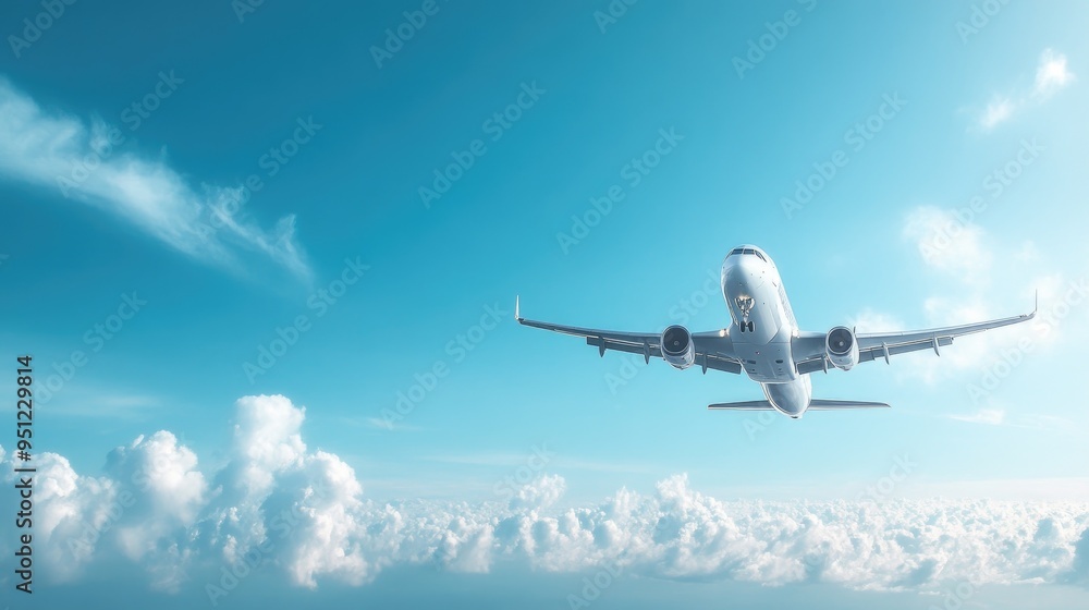 Poster a modern airplane in flight against a clear blue sky, with fluffy clouds adding depth to the scene. 
