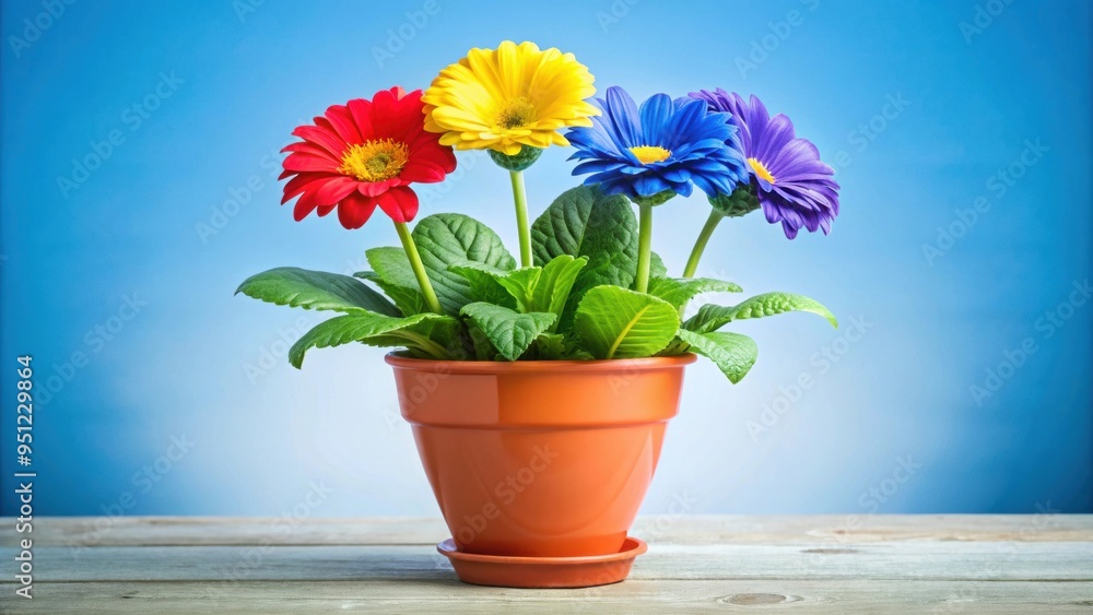 Wall mural Vibrant potted plant with five colorful flowers in blue, red, yellow, and green , flowers, potted plant, colorful, vibrant, blue