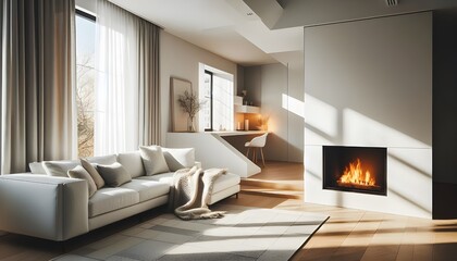 White corner sofa near fireplace. Scandinavian home interior design of modern living room