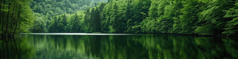 Beautiful tranquil lake encircled by abundant greenery and trees.