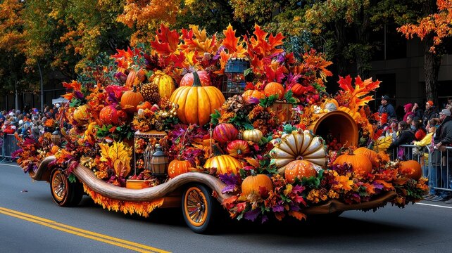 A vibrant autumn parade float adorned with colorful pumpkins and fall leaves, showcasing seasonal festivities and natural beauty.
