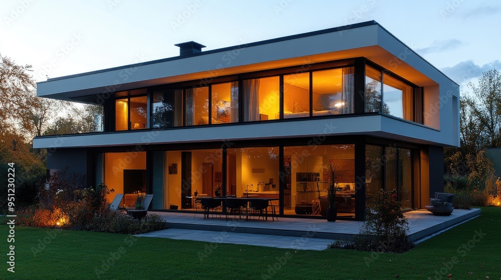 Poster a modern house with large windows, illuminated from within at dusk, offering a sleek and inviting sc