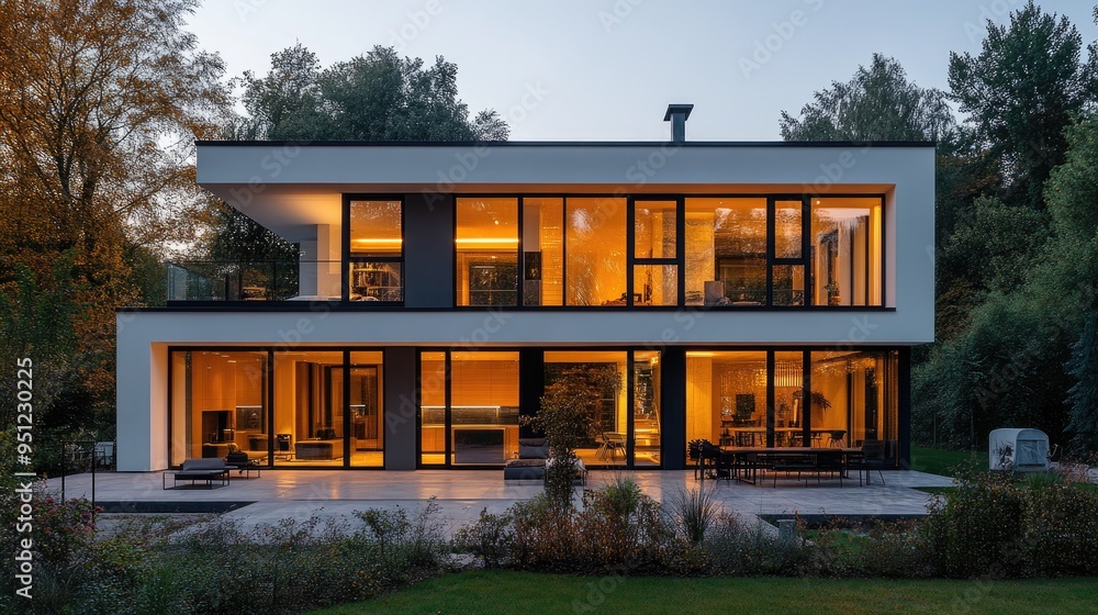 Poster a modern house with large windows, illuminated from within at dusk, offering a sleek and inviting sc